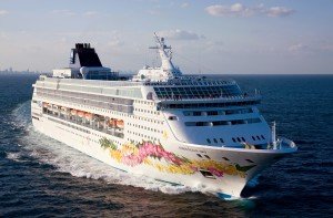 Aerial view of cruise ship Norwegian Sky sailing to the Bahamas